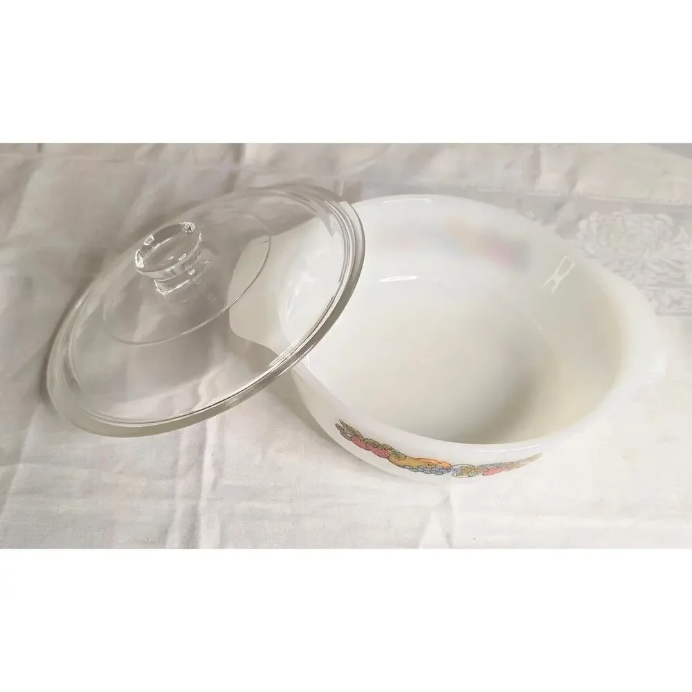 Vtg. Anchor Hocking Fire King Casserole Baking Dish w/Lid Nature's Bounty Round0